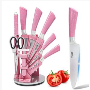 Kitchen Knife Set, 9PC Pink Wheat Straw Sharp Cooking Knife Set with Acrylic Stand, with Comfortable Handle for Slicing Cutting Peeling Chopping