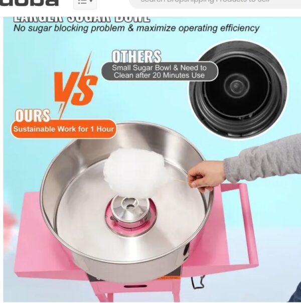 1000W Commercial Floss Maker with Stainless Steel Bowl, Sugar Scoop and Drawer, Perfect for Home, Kids Birthday, Family Party, Pink - Image 6