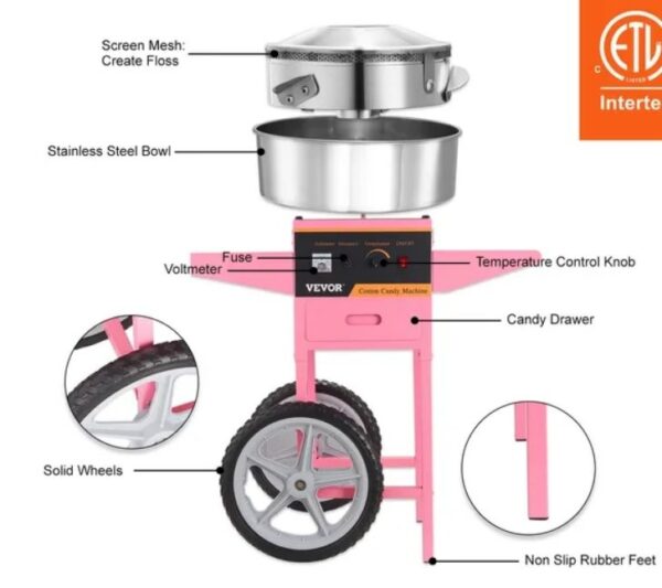 1000W Commercial Floss Maker with Stainless Steel Bowl, Sugar Scoop and Drawer, Perfect for Home, Kids Birthday, Family Party, Pink - Image 4