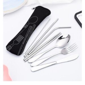 8 Pieces Travel Flatware Set, Portable Stainless Steel Utensils Set, Knife Fork Spoon Chopsticks Straw with Zipper Case