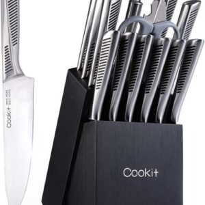 Kitchen Knife Set, Cookit 15 Pieces Knife Set with Block Manual Sharpener, Stainless Steel Hollow Handle Chef Bread Steak Knife Scissors