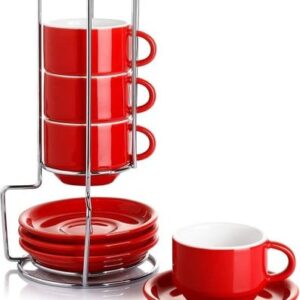 Sweese 4 Ounce Porcelain Stackable Espresso Cups With Saucers And Metal Stand Set Of 4, Red