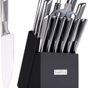 Kitchen Knife Set; LapEasy 15 Piece Knife Sets with Block Chef Knife Stainless Steel Hollow Handle Cutlery with Manual Sharpener