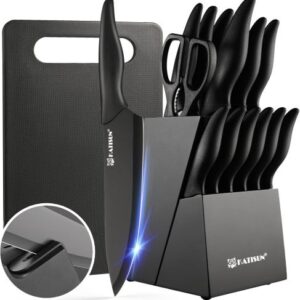 16 Pieces Kitchen Knife Block Set with Cutting Board, German Premium Quality Stainless Steel, Built-in sharpener, Dishwasher Safe, 6 Steak Knives