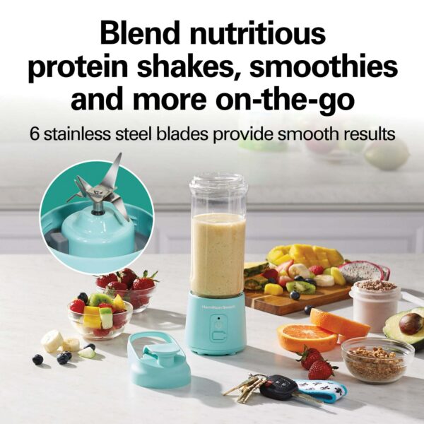 Hamilton Beach Blend Now Portable Cordless Blender USB rechargeable 16 oz jar with travel lid aqua 51182 - Image 2
