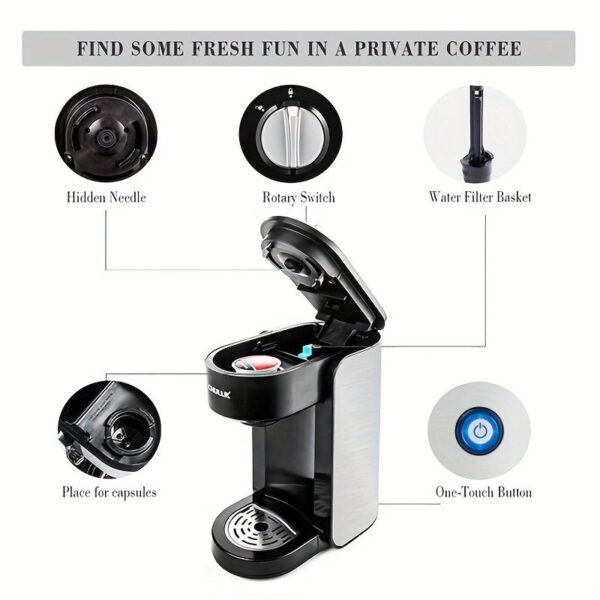 CHULUX Stainless Steel Single Serve Coffee Maker for Capsule,Visiable Gradient Water Reservoir,One Button Operation and Auto Shut Off,1000 Watts - Image 4