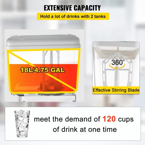 VEVOR 110V Commercial Beverage Dispenser; 9.5 Gallon 36L 2 Tanks Juice Dispenser Commercial; 18 Liter Per Tank 300W Stainless Steel Food Grade - Image 4
