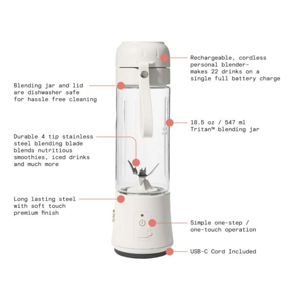 Beautiful Portable Blender White Icing by Drew Barrymore 70-Watt 18.5 oz - Image 2