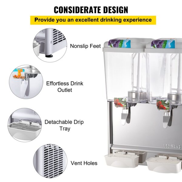 VEVOR 110V Commercial Beverage Dispenser; 9.5 Gallon 36L 2 Tanks Juice Dispenser Commercial; 18 Liter Per Tank 300W Stainless Steel Food Grade - Image 6