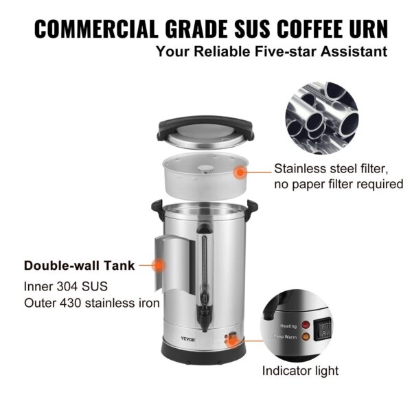 VEVOR Commercial Coffee Urn 65 Cup Stainless Steel Coffee Dispenser Fast Brew - Image 6