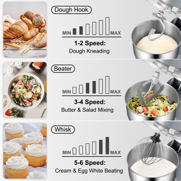 VEVOR Stand Mixer; 660W Electric Dough Mixer with 6 Speeds LCD Screen Timing; Tilt-Head Food Mixer with 5.8 Qt Stainless Steel Bowl; Dough Hook - Image 5