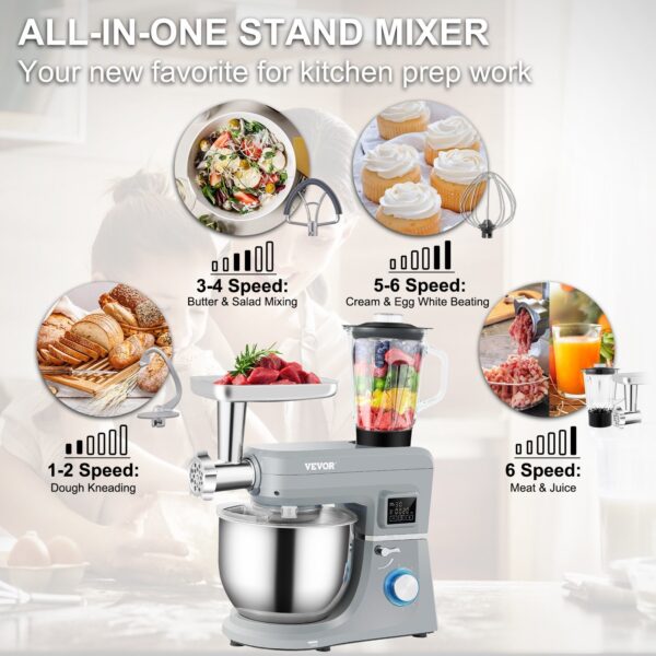 VEVOR 5 IN 1 Stand Mixer; 660W Tilt-Head Multifunctional Electric Mixer with 6 Speeds LCD Screen Timing; 7.4 Qt Stainless Bowl; Dough Hook - Image 5
