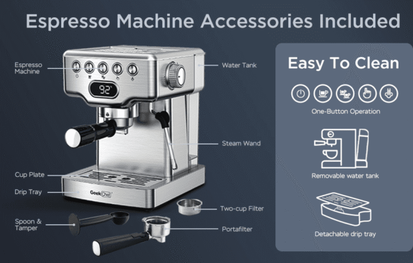 1350W Semi-automatic coffee machine 19Bar (ULKA) high pressure pump extraction 1 cup / 2 cup espresso machine 1.8L water - Image 11