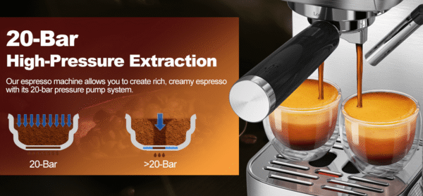 1350W Semi-Automatic Espresso Machine 20Bar (ULKA) High Pressure Pump Extraction 1 / 2 Cappuccino or Latte ESE POD Capsule Filter Steam Bar 1.5L - Image 11