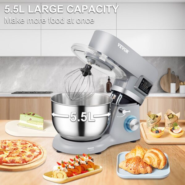 VEVOR Stand Mixer; 660W Electric Dough Mixer with 6 Speeds LCD Screen Timing; Tilt-Head Food Mixer with 5.8 Qt Stainless Steel Bowl; Dough Hook - Image 2