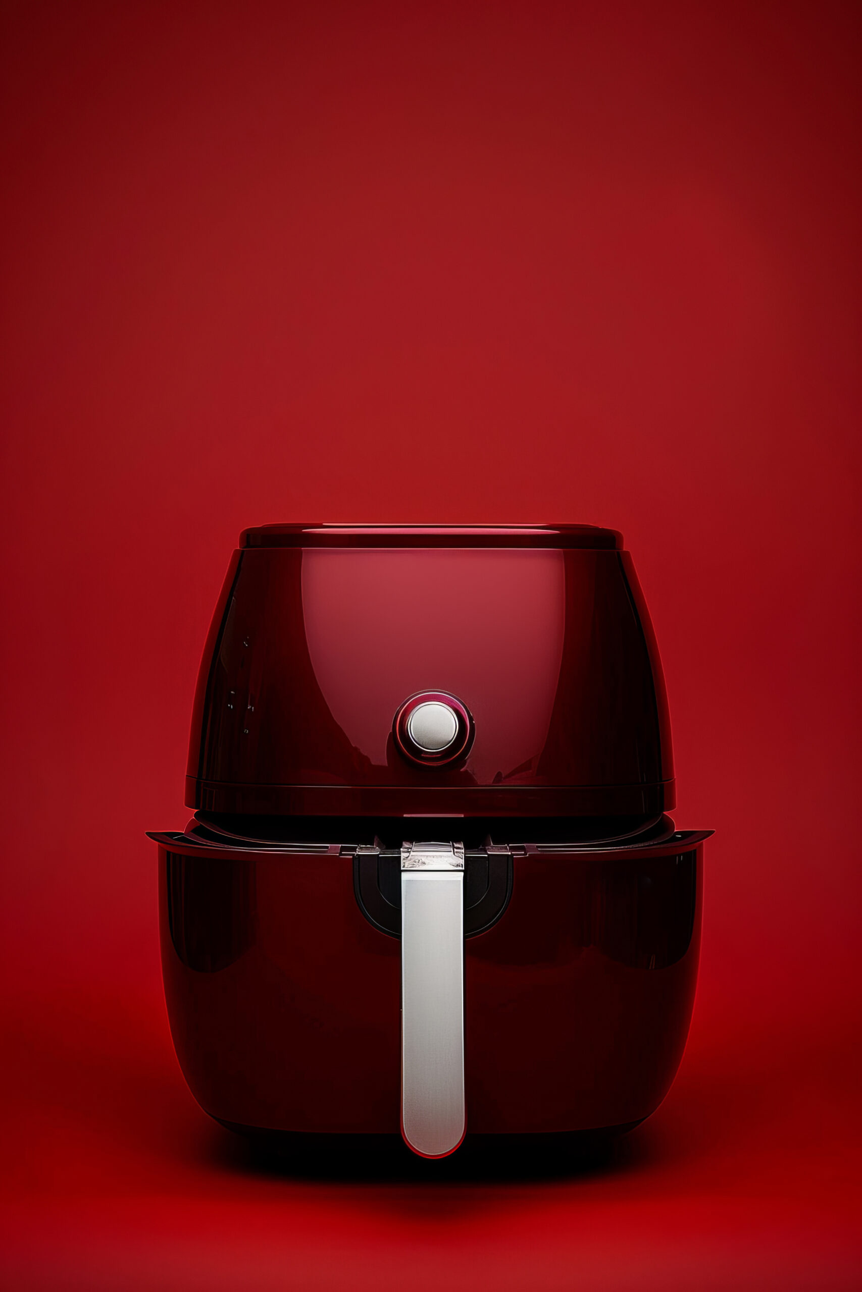 close-up-air-fryer High-quality product photograph of a red air fryer against a vibrant red studio background. No food, no logos, and all numbers clearly visible and well-written. --no food visible --ar 2:3 --style raw Job ID: f0c88954-777e-495e-b229-a44b4a86c4c1