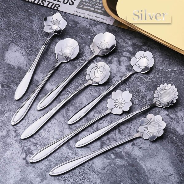 8Pcs Stainless Steel Flower Spoon Coffee Tea Spoon Cute Ice Cream Dessert Spoon Silver Christmas Gifts Kitchen Tableware Decor - Image 4