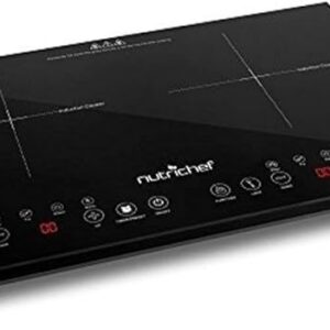 NutriChef Double Induction Cooktop-Portable 120V Digital Ceramic Dual Burner w/ Kids Safety Lock - Works with Flat Cast Iron Pan