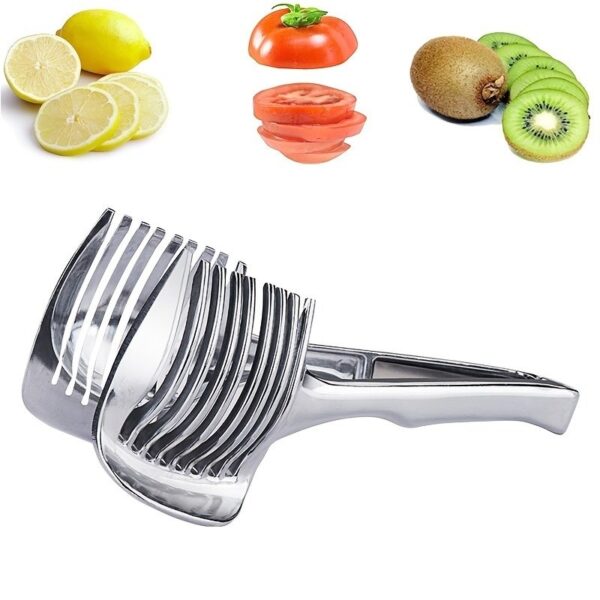 1pc Tomato Lemon Slicer Holder; Round Fruits Onion Shredder Cutter Guide Tongs With Handle; Stainless Steel Kitchen Cutting Potato Lime Food Stand - Image 2