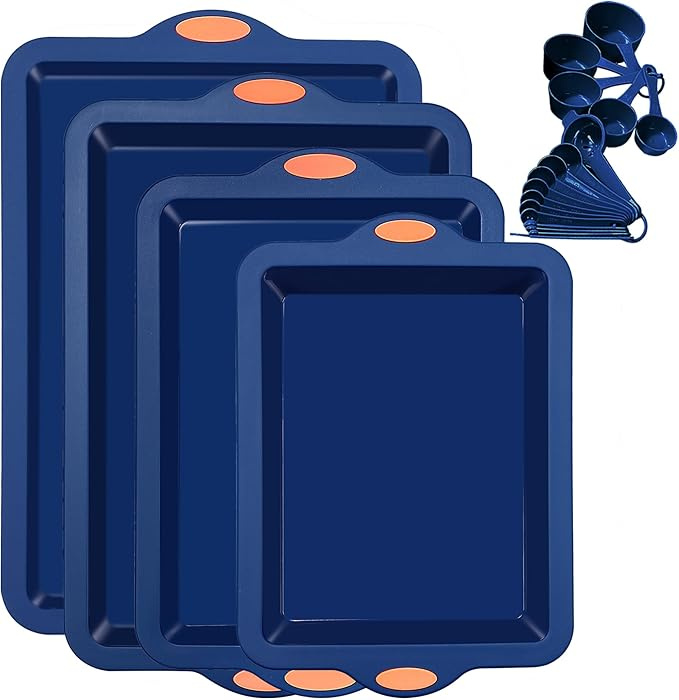Silicone Baking Pans Set, 4 Pieces Nonstick Bakeware Set with Baking Pans, Baking Sheets, Cookie Sheets, Cake Pan with Grips and Metal Reinforced Frame More Strength, Navy Blue