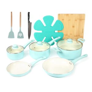 HAWOK Kitchen Ceramic Non-stick coating Induction Cookware Sets - 15 Piece pressed Aluminum Pots and Frying Sauce Pans Set with BAKELITE Handles and Glass Lids, PFAS-Free