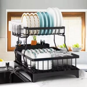 Detachable 2 Tier Dish Drying Rack with Drainboard, Rustproof Metal Dish Rack for Kitchen Countertop, Large Capacity Organizer for Plates Bowls Cups Utensils Cutting Board, Space Saving Storage