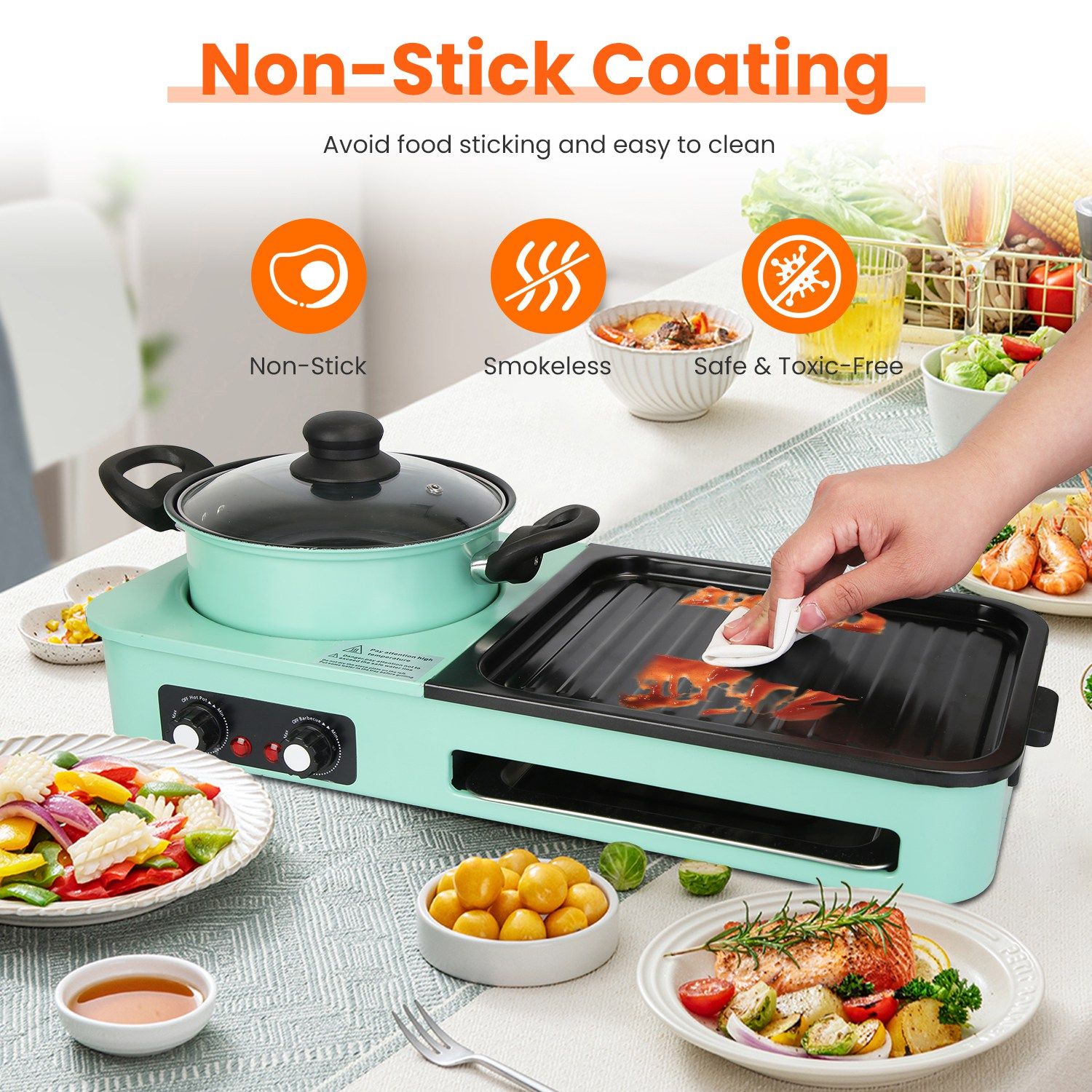 Electric Hot Pot with Grill,1600W 3-in-1 Smokeless Raclette Table Grill for Kitchen, Barbecue Shabu Hot Pot with Non-Stick Cooking Removable Plate, Dual Temperature Control & Dishwasher Safe - Image 4