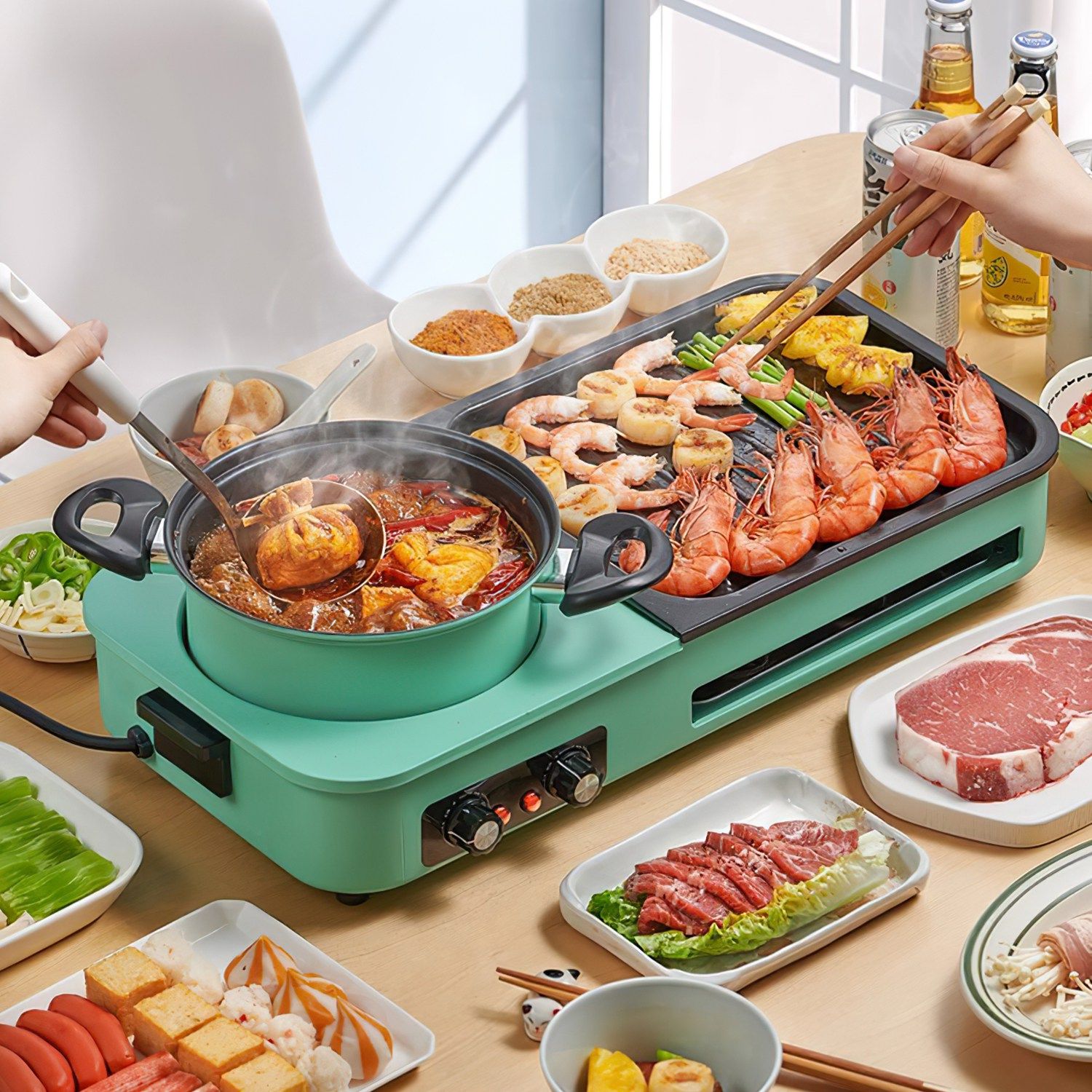 Electric Hot Pot with Grill,1600W 3-in-1 Smokeless Raclette Table Grill for Kitchen, Barbecue Shabu Hot Pot with Non-Stick Cooking Removable Plate, Dual Temperature Control & Dishwasher Safe - Image 7