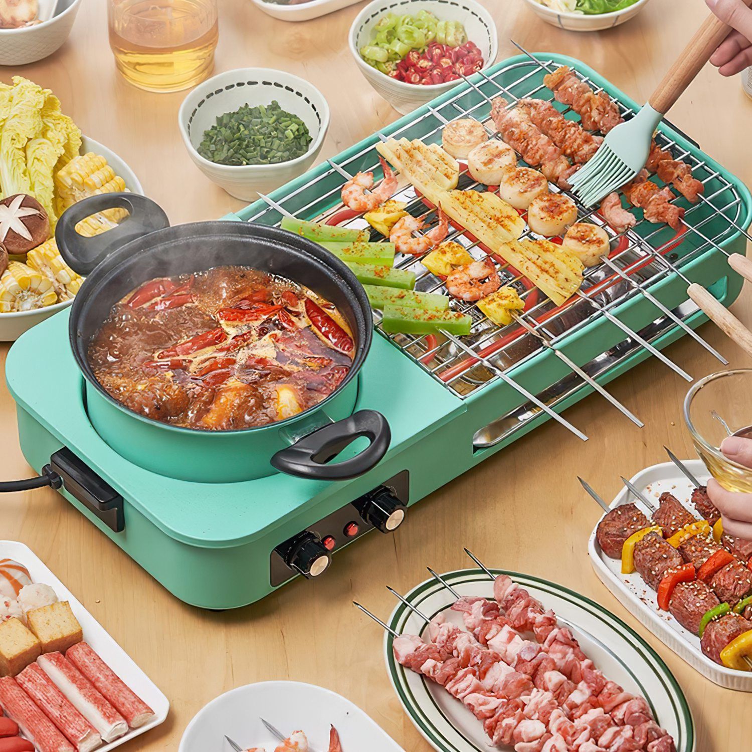 Electric Hot Pot with Grill,1600W 3-in-1 Smokeless Raclette Table Grill for Kitchen, Barbecue Shabu Hot Pot with Non-Stick Cooking Removable Plate, Dual Temperature Control & Dishwasher Safe