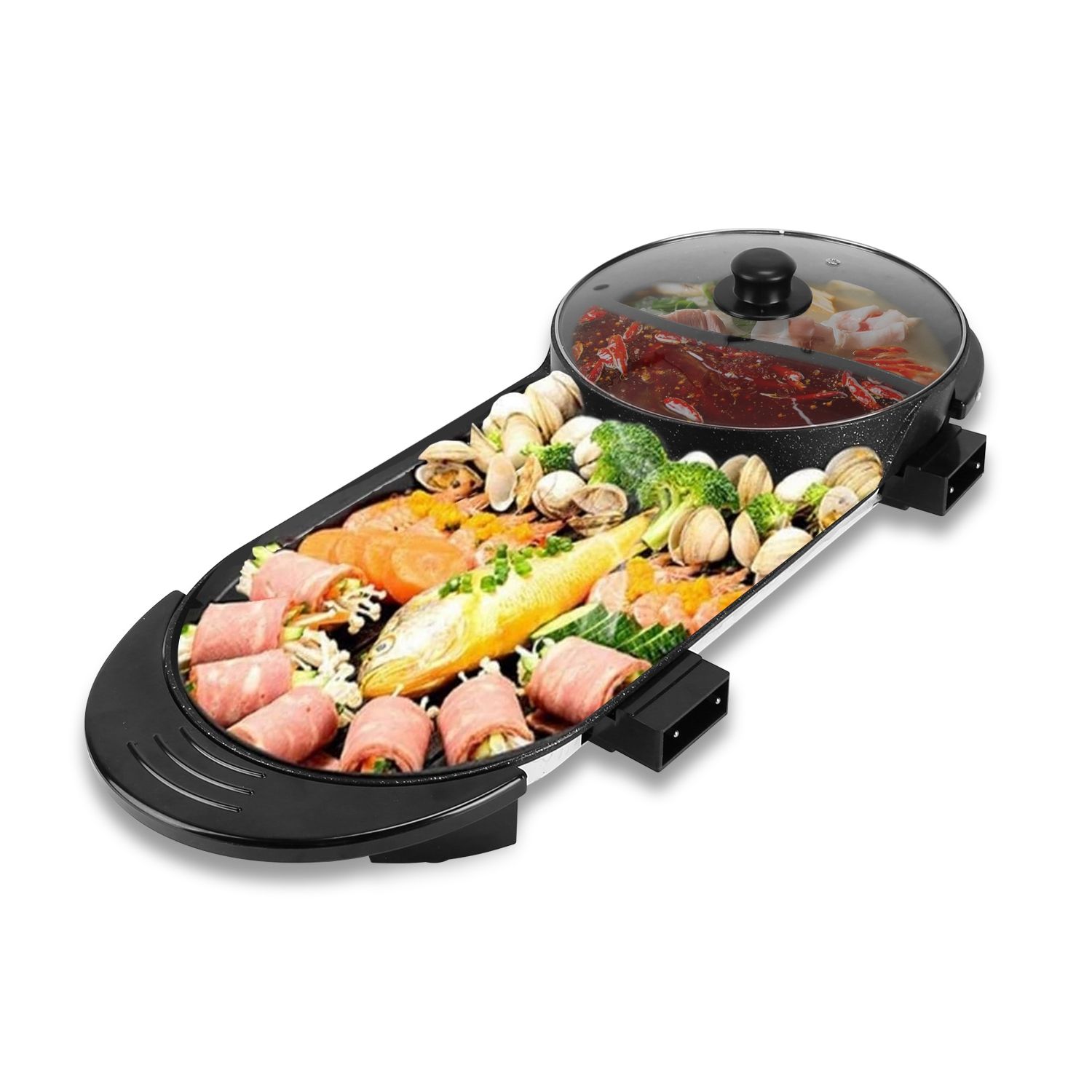 2 in 1 Electric Hot Pot with BBQ Grill Cooker 2200W Smokeless Non-Stick Korean BBQ Grill Shabu Hot Pot with Independent Temperature Control 5 Gears Firepower For 2-10 People - Image 14