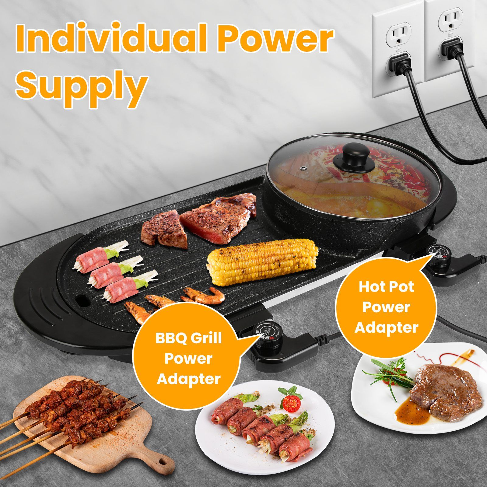2 in 1 Electric Hot Pot with BBQ Grill Cooker 2200W Smokeless Non-Stick Korean BBQ Grill Shabu Hot Pot with Independent Temperature Control 5 Gears Firepower For 2-10 People - Image 3