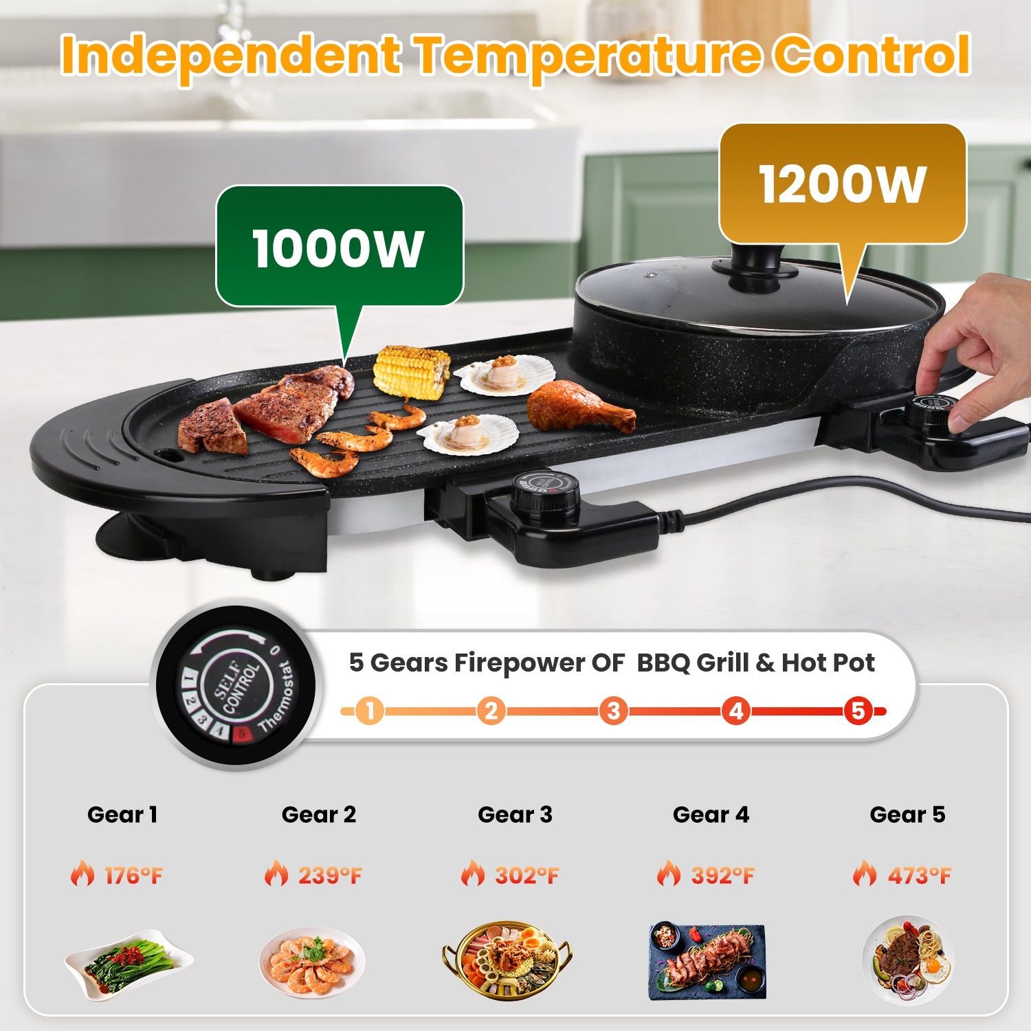 2 in 1 Electric Hot Pot with BBQ Grill Cooker 2200W Smokeless Non-Stick Korean BBQ Grill Shabu Hot Pot with Independent Temperature Control 5 Gears Firepower For 2-10 People - Image 7
