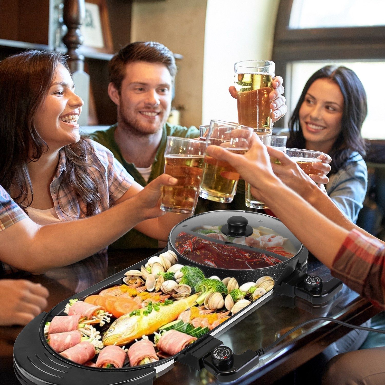 2 in 1 Electric Hot Pot with BBQ Grill Cooker 2200W Smokeless Non-Stick Korean BBQ Grill Shabu Hot Pot with Independent Temperature Control 5 Gears Firepower For 2-10 People - Image 9