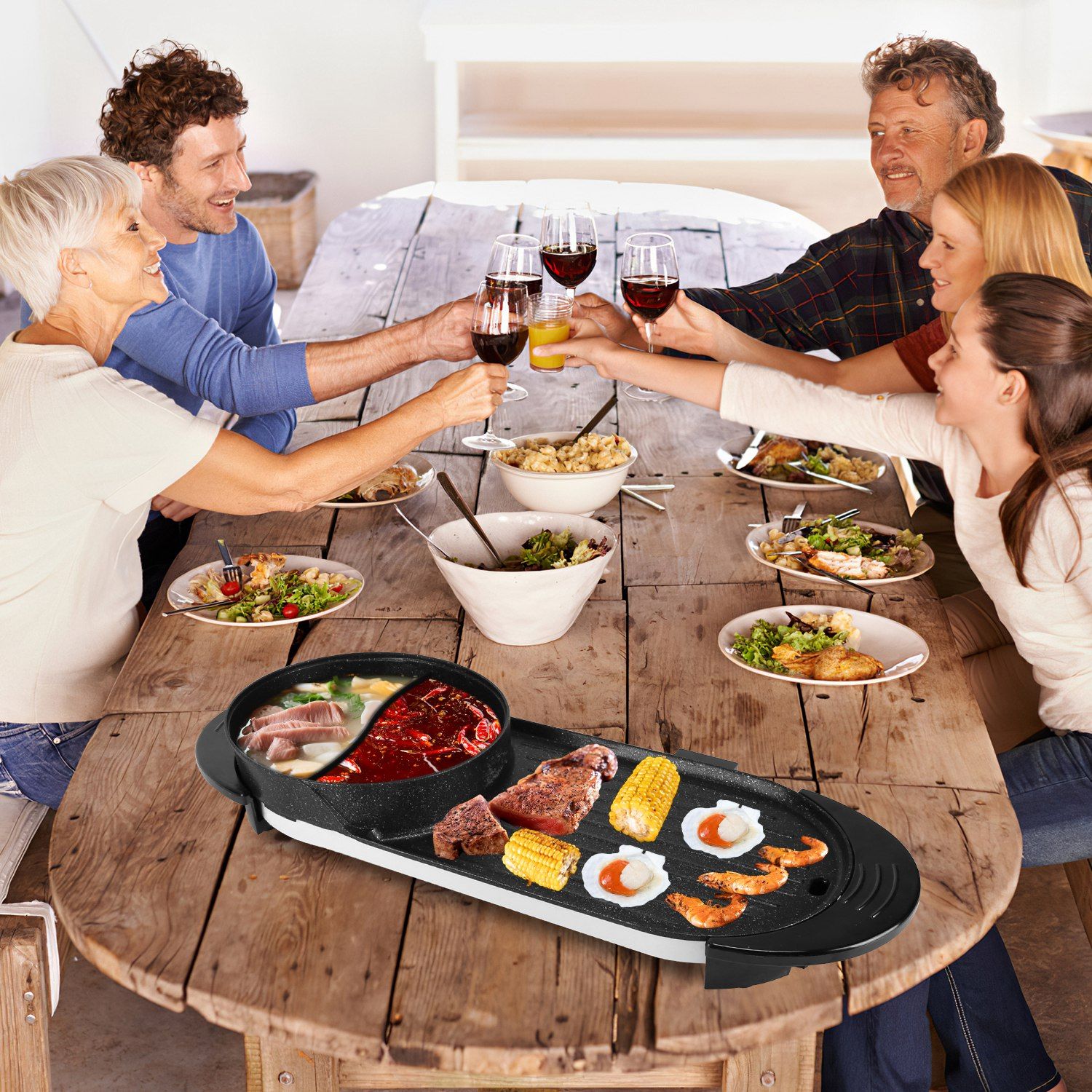 2 in 1 Electric Hot Pot with BBQ Grill Cooker 2200W Smokeless Non-Stick Korean BBQ Grill Shabu Hot Pot with Independent Temperature Control 5 Gears Firepower For 2-10 People - Image 10