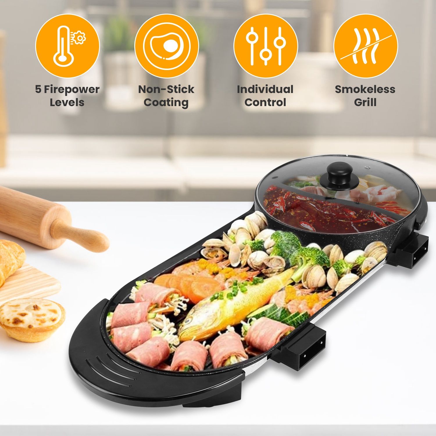 2 in 1 Electric Hot Pot with BBQ Grill Cooker 2200W Smokeless Non-Stick Korean BBQ Grill Shabu Hot Pot with Independent Temperature Control 5 Gears Firepower For 2-10 People