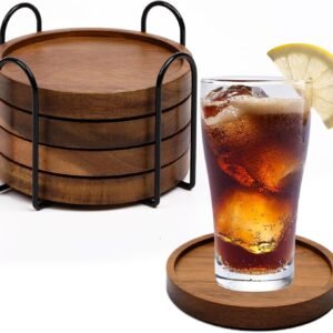4 Pcs Wood Coasters for Drinks Absorbent, Wooden Coasters with Holder, Drink Coasters for Coffee Table, Absorbent Coaster Set for Table Protection Drink Coasters for Farmhouse, Office, Bar
