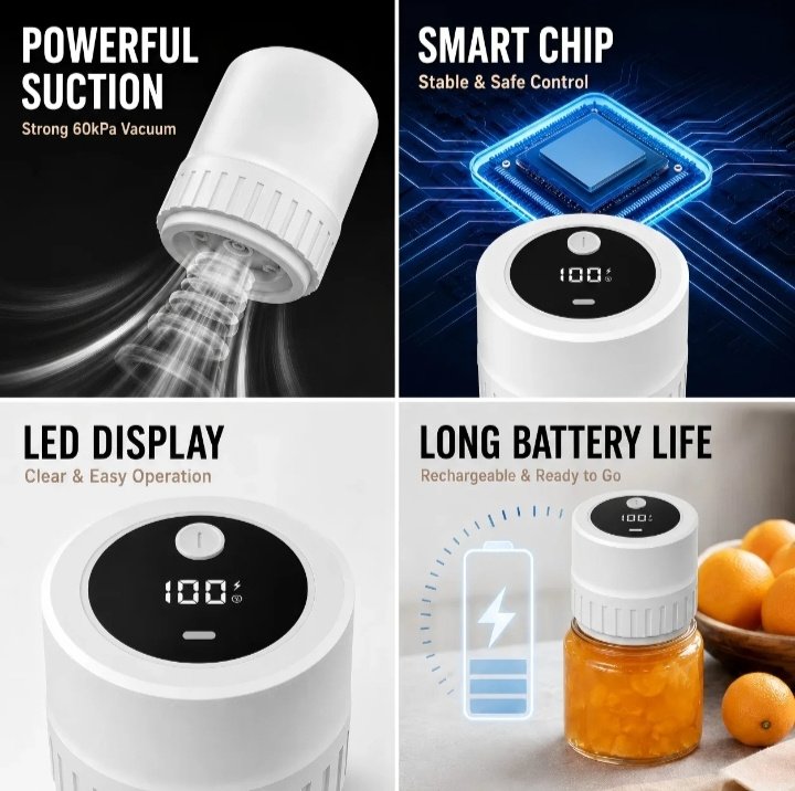 Portable Electric Vacuum Sealer Powerful Air Extraction LED Power Display USB Charging Compatible with Wide-mouth/Regular-mouth Mason Jars - Image 6