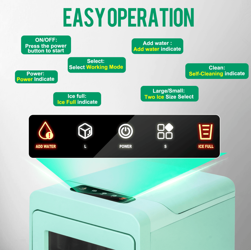 PSZBJ-K12G Automatic Ice Maker-50lbs/day capacity, 6-8 minute ice production, 9 pieces per batch. Features: 2-liter PVC ice tray (BPA-free), self-cleaning design, coffee-grade ice cubes, touch-sensit - Image 2